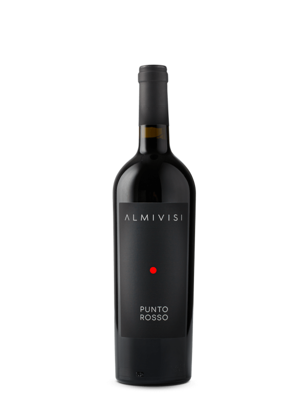 Fles Punto Rosso rode wijn van Almivisi met minimalistisch zwart etiket en rode stip.​